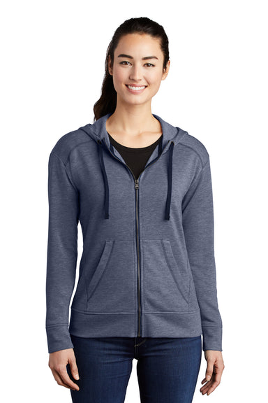 Sport-Tek LST293 Womens Moisture Wicking Fleece Full Zip Hooded Sweatshirt Hoodie Heather True Navy Blue Model Front