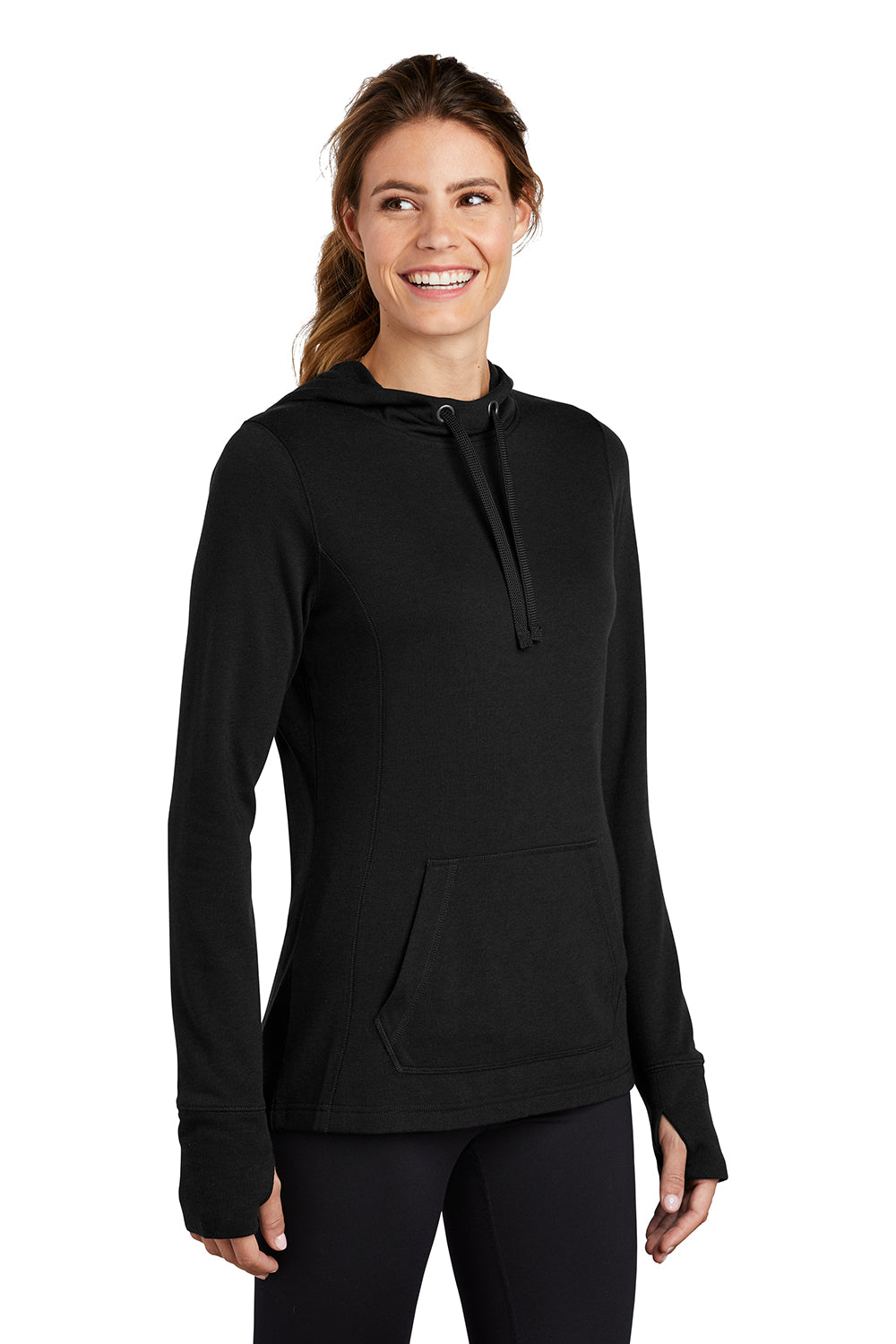 Sport-Tek LST296 Womens Moisture Wicking Fleece Hooded Sweatshirt Hoodie Black Model 3q