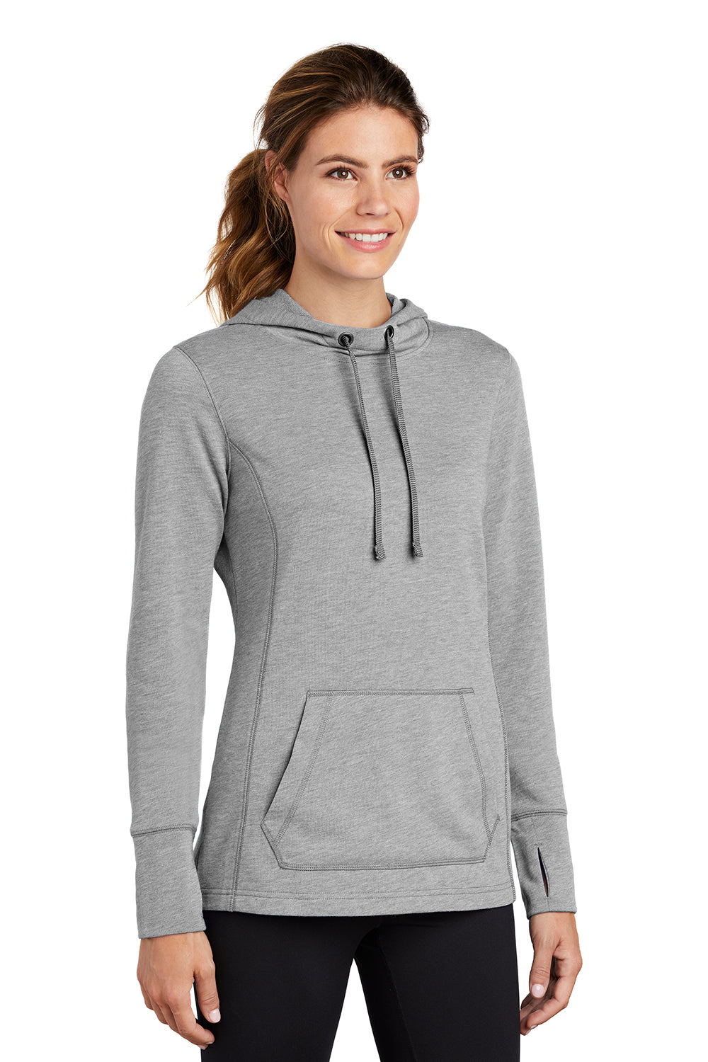 Sport-Tek LST296 Womens Moisture Wicking Fleece Hooded Sweatshirt Hoodie Heather Light Grey Model 3q