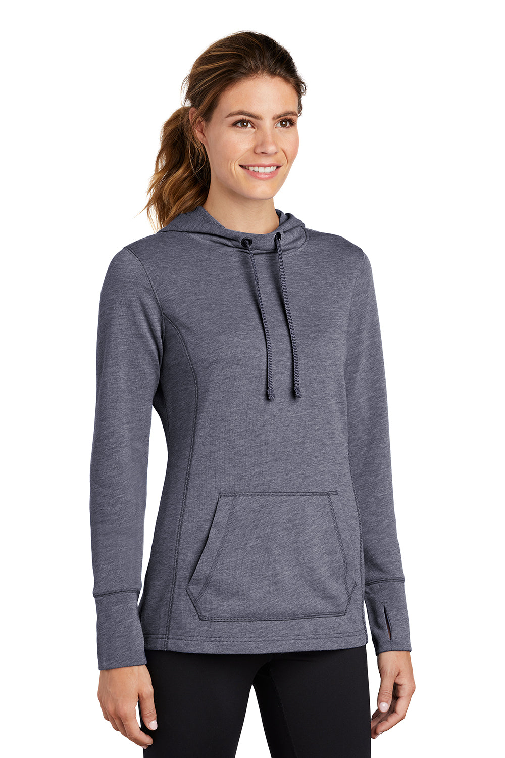 Sport-Tek LST296 Womens Moisture Wicking Fleece Hooded Sweatshirt Hoodie Heather True Navy Blue Model 3q