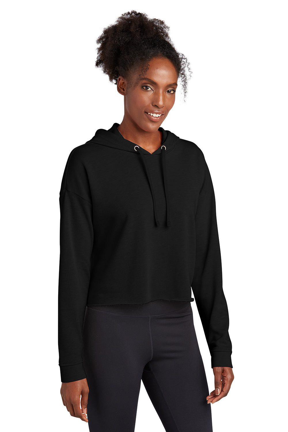 Sport-Tek LST298 Womens Moisture Wicking Fleece Crop Hooded Sweatshirt Hoodie Black Model 3q