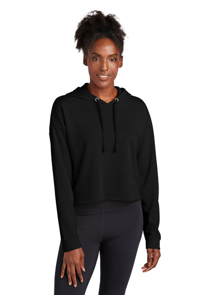 Sport-Tek LST298 Womens Moisture Wicking Fleece Crop Hooded Sweatshirt Hoodie Black Model Front