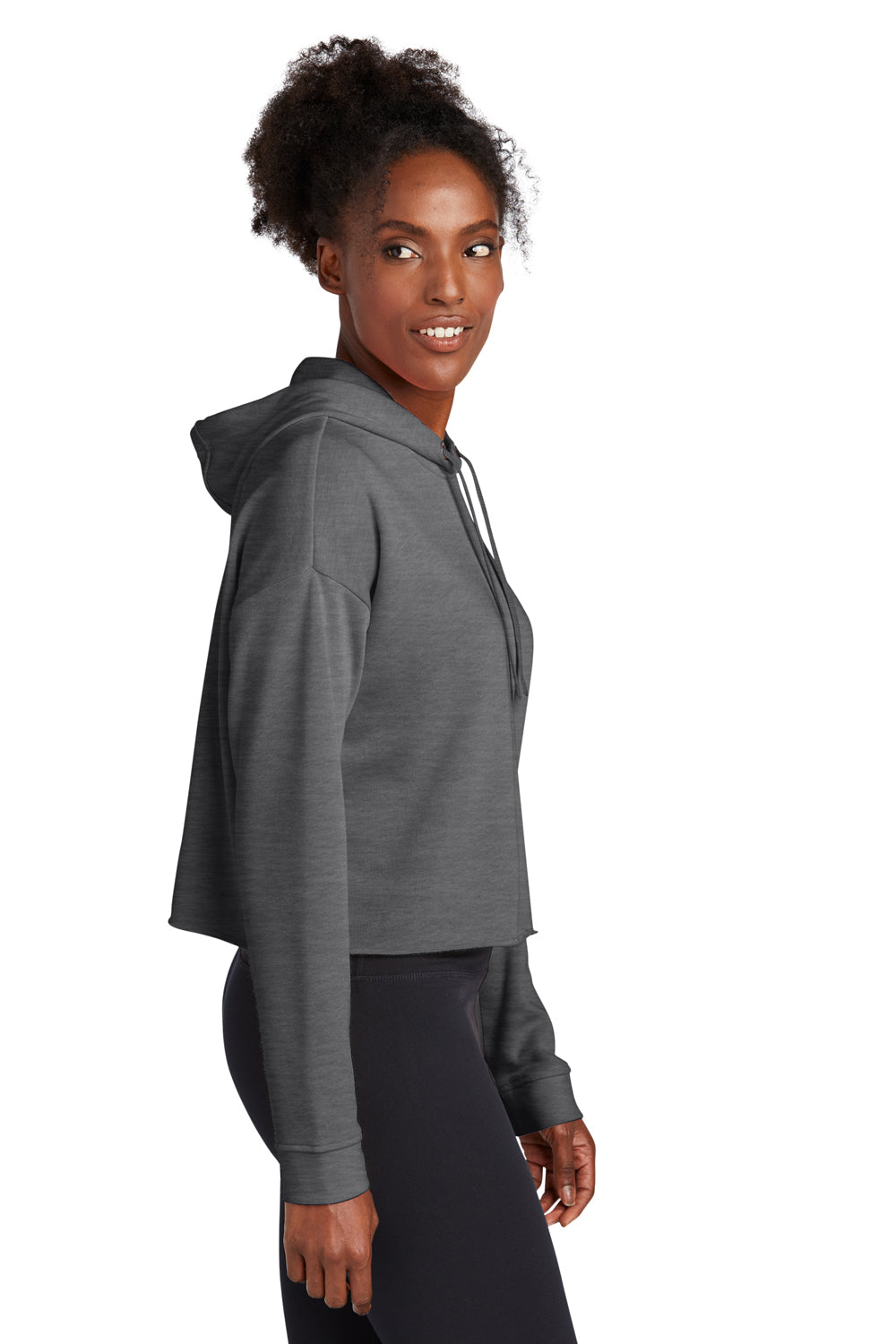 Sport-Tek LST298 Womens Moisture Wicking Fleece Crop Hooded Sweatshirt Hoodie Heather Dark Grey Model Side