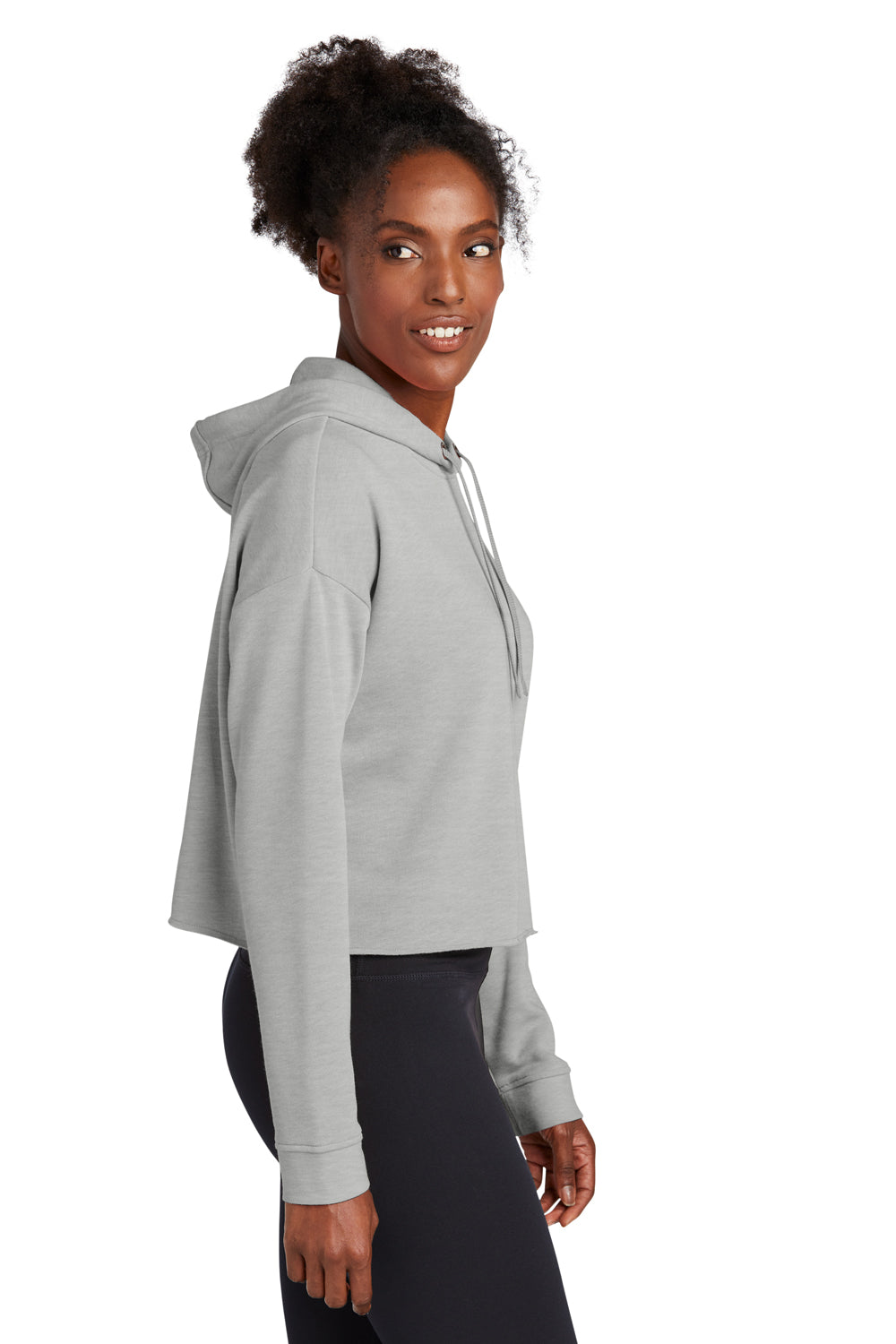 Sport-Tek LST298 Womens Moisture Wicking Fleece Crop Hooded Sweatshirt Hoodie Heather Light Grey Model Side