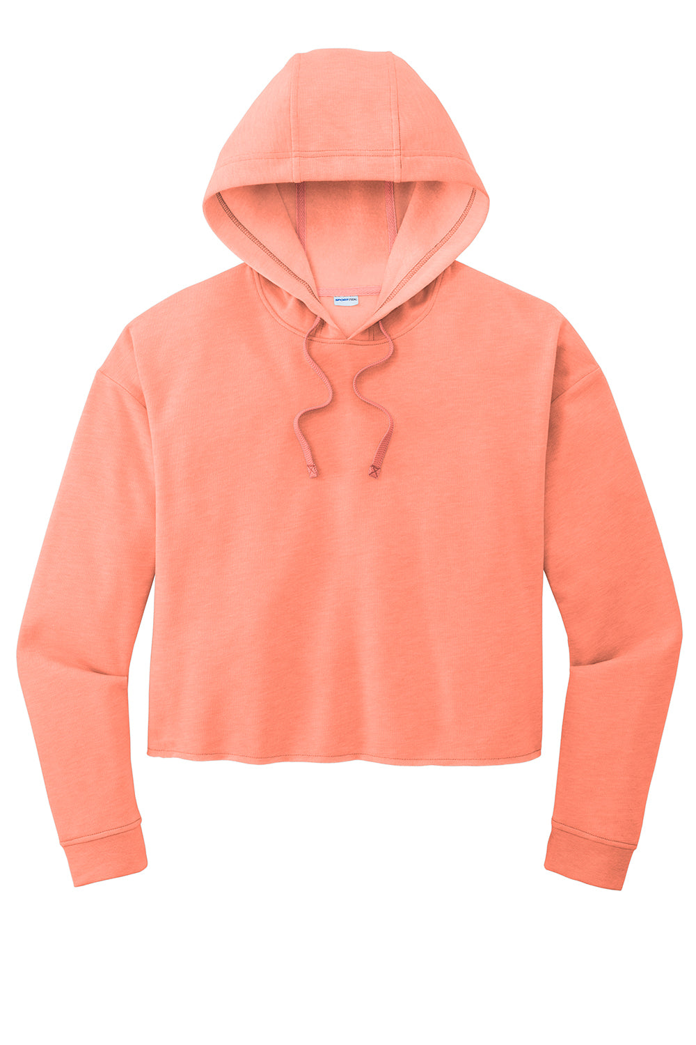 Sport-Tek LST298 Womens Moisture Wicking Fleece Crop Hooded Sweatshirt Hoodie Heather Soft Coral Flat Front