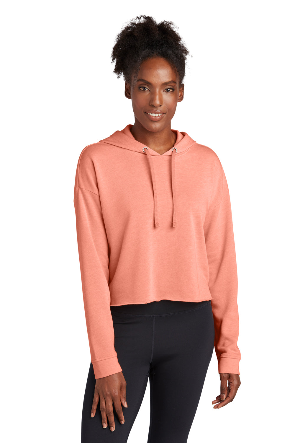 Sport-Tek LST298 Womens Moisture Wicking Fleece Crop Hooded Sweatshirt Hoodie Heather Soft Coral Model Front