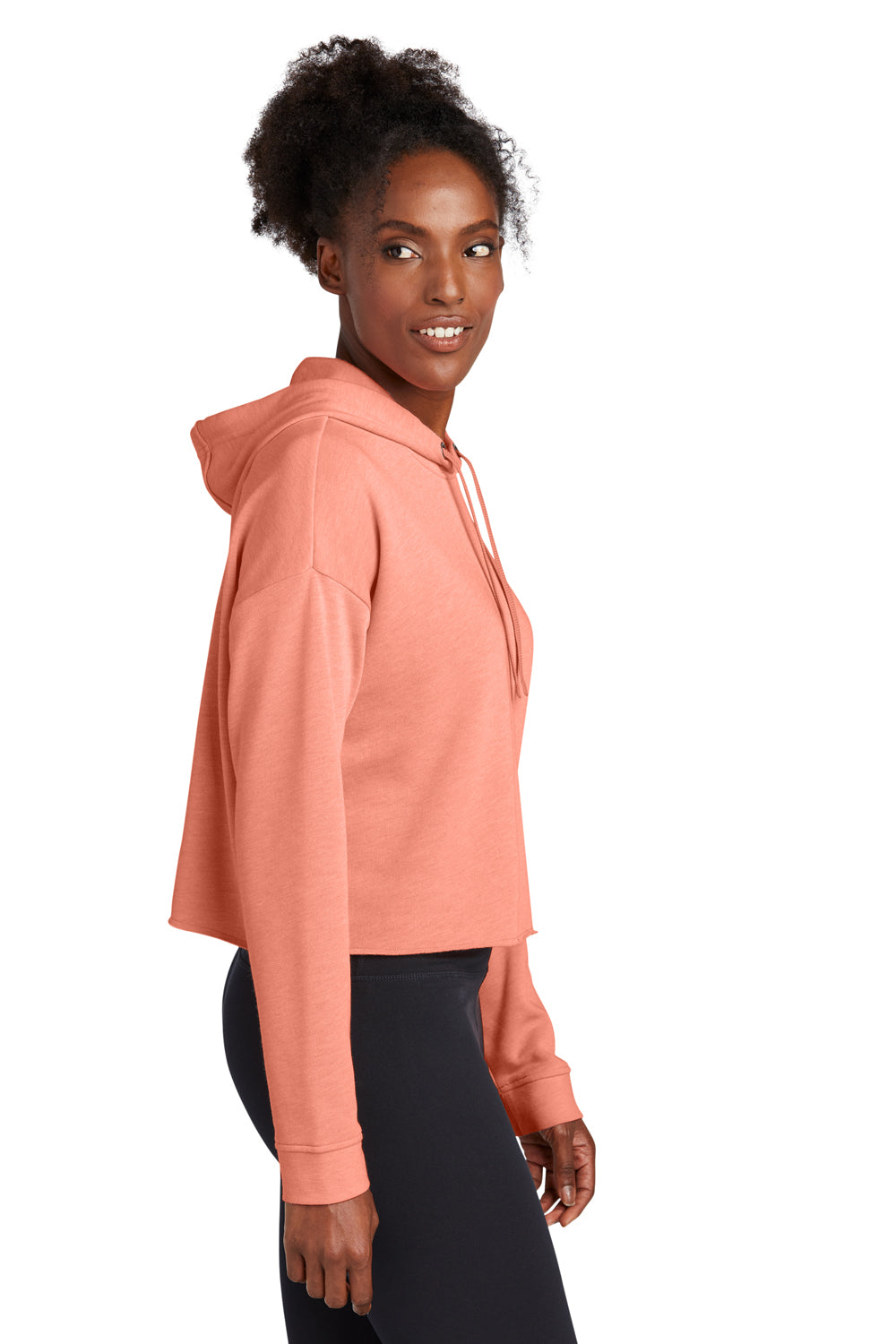 Sport-Tek LST298 Womens Moisture Wicking Fleece Crop Hooded Sweatshirt Hoodie Heather Soft Coral Model Side