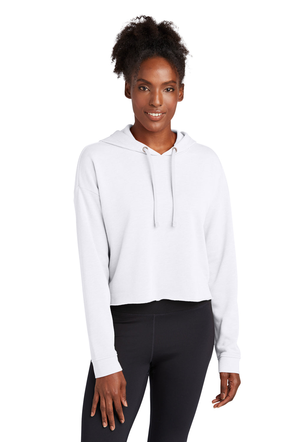 Sport-Tek LST298 Womens Moisture Wicking Fleece Crop Hooded Sweatshirt Hoodie White Model Front