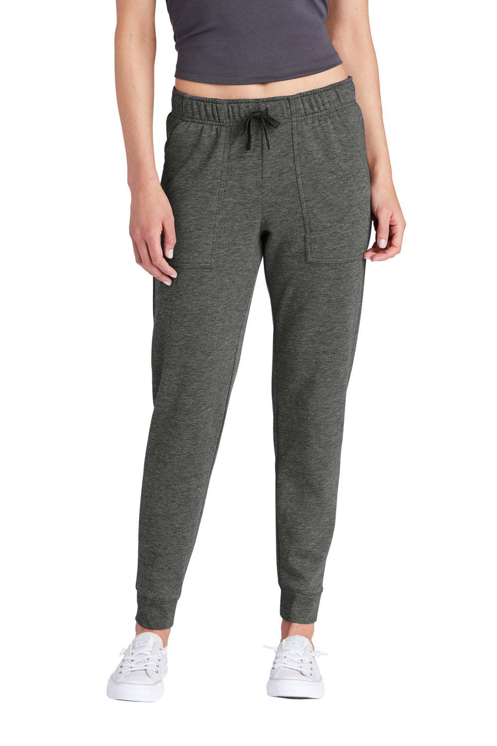 Sport-Tek LST299 Womens Moisture Wicking Fleece Jogger Sweatpants w/ Pockets Heather Dark Grey Model Front