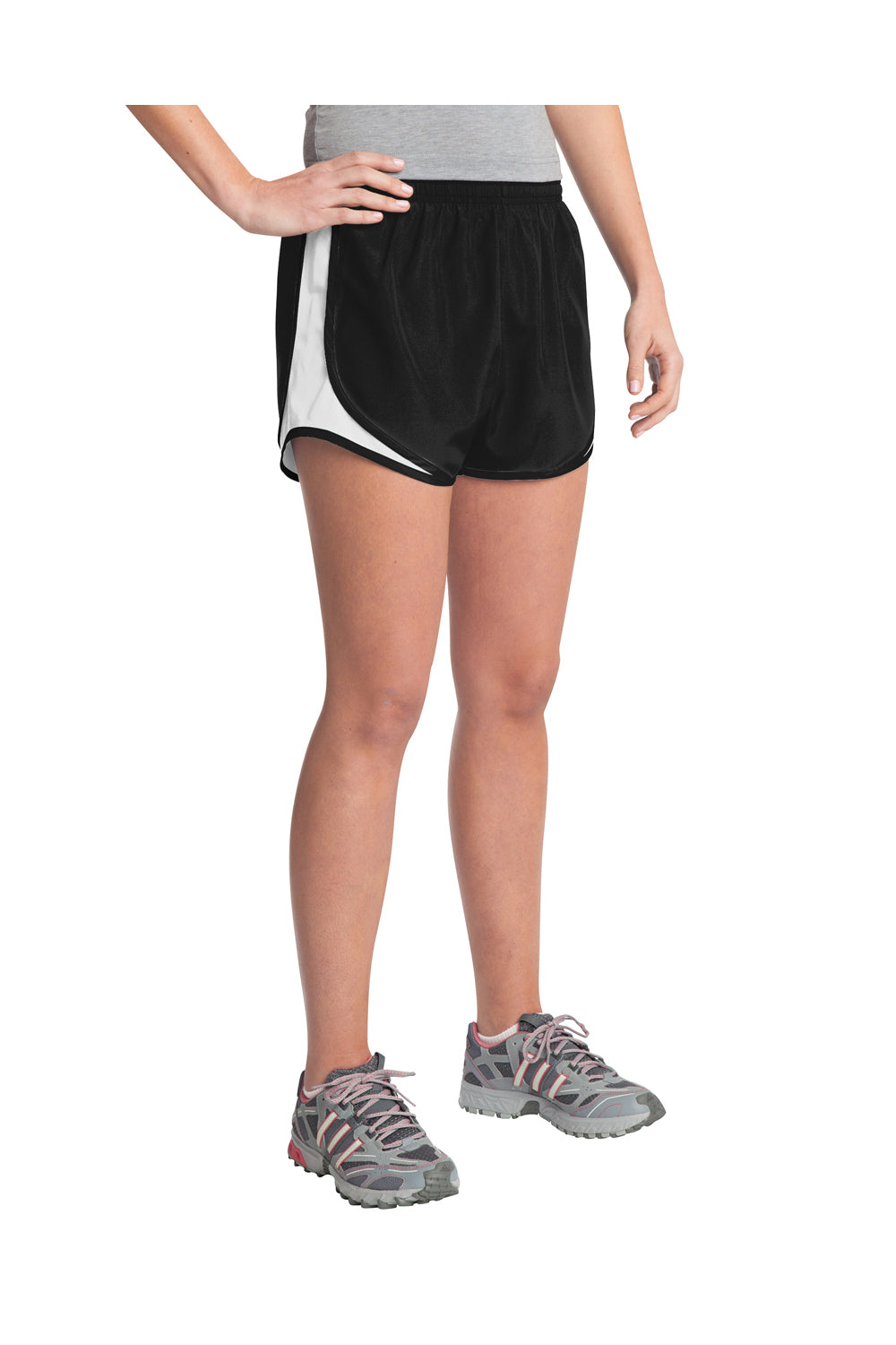 Sport-Tek LST304 Womens Cadence Moisture Wicking Shorts Black/White/Black Model 3q