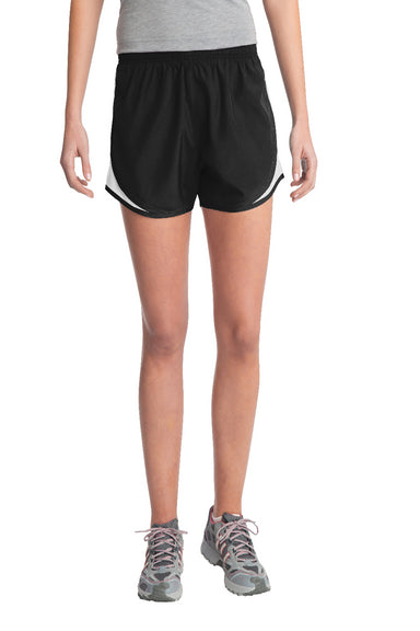 Sport-Tek LST304 Womens Cadence Moisture Wicking Shorts Black/White/Black Model Front