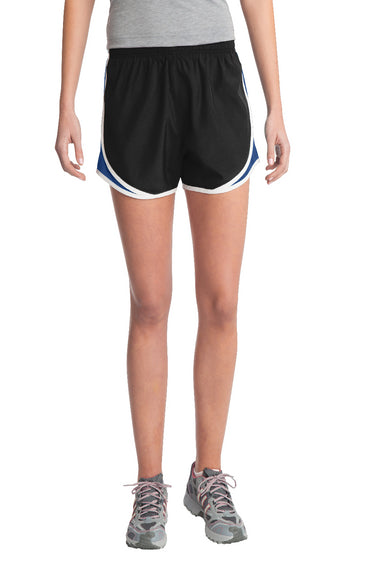 Sport-Tek LST304 Womens Cadence Moisture Wicking Shorts Black/True Royal Blue/White Model Front