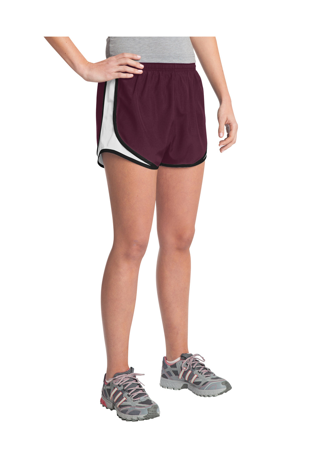 Sport-Tek LST304 Womens Cadence Moisture Wicking Shorts Maroon/White/Black Model 3q