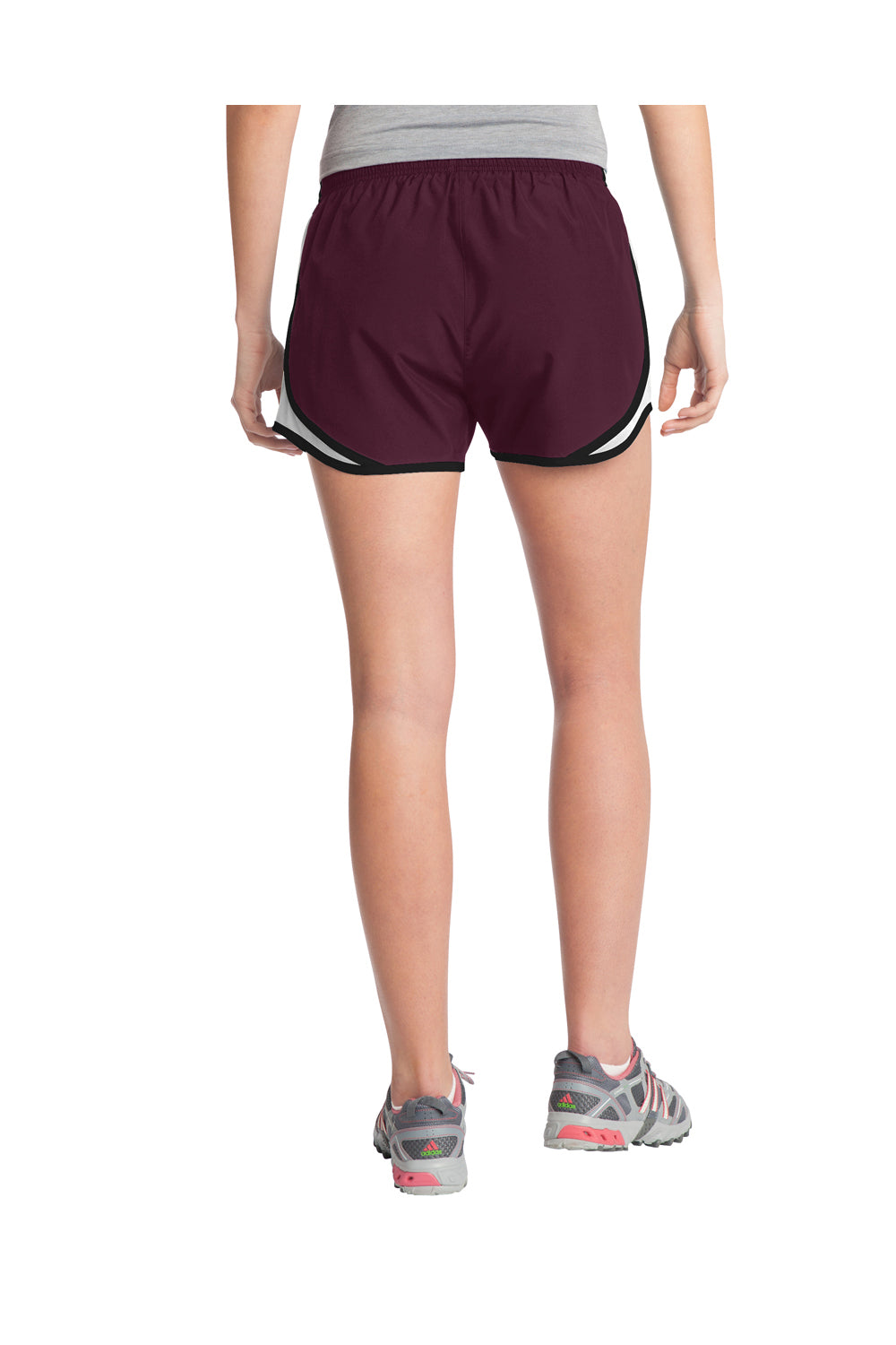 Sport-Tek LST304 Womens Cadence Moisture Wicking Shorts Maroon/White/Black Model Back