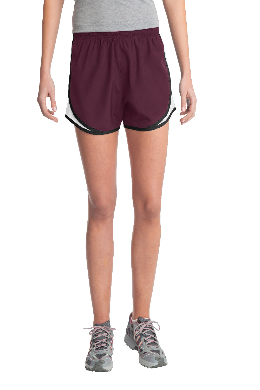 Sport-Tek LST304 Womens Cadence Moisture Wicking Shorts Maroon/White/Black Model Front