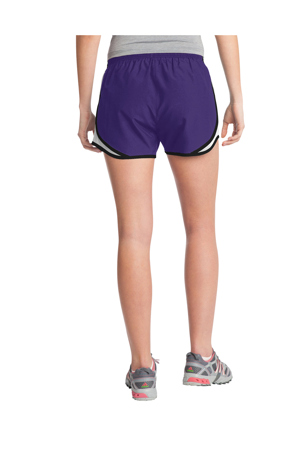 Sport-Tek LST304 Womens Cadence Moisture Wicking Shorts Purple/White/Black Model Back