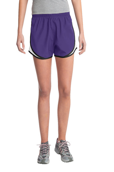 Sport-Tek LST304 Womens Cadence Moisture Wicking Shorts Purple/White/Black Model Front