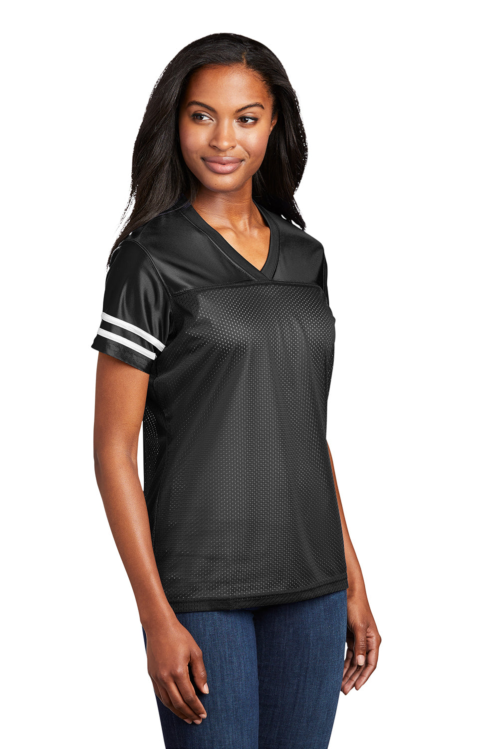 Sport-Tek LST307 Womens Short Sleeve V-Neck T-Shirt Black/White Model 3q