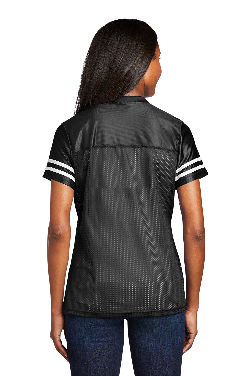 Sport-Tek LST307 Womens Short Sleeve V-Neck T-Shirt Black/White Model Back