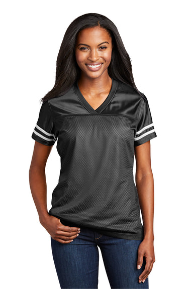 Sport-Tek LST307 Womens Short Sleeve V-Neck T-Shirt Black/White Model Front