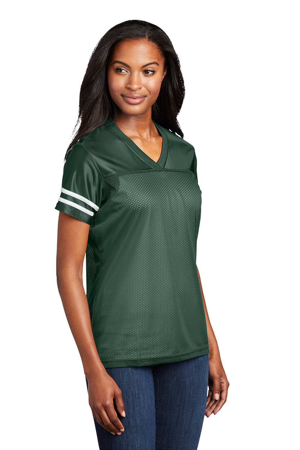 Sport-Tek LST307 Womens Short Sleeve V-Neck T-Shirt Forest Green/White Model 3q