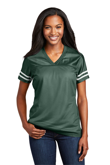 Sport-Tek LST307 Womens Short Sleeve V-Neck T-Shirt Forest Green/White Model Front