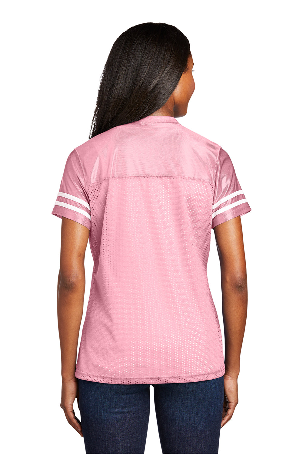 Sport-Tek LST307 Womens Short Sleeve V-Neck T-Shirt Light Pink/White Model Back