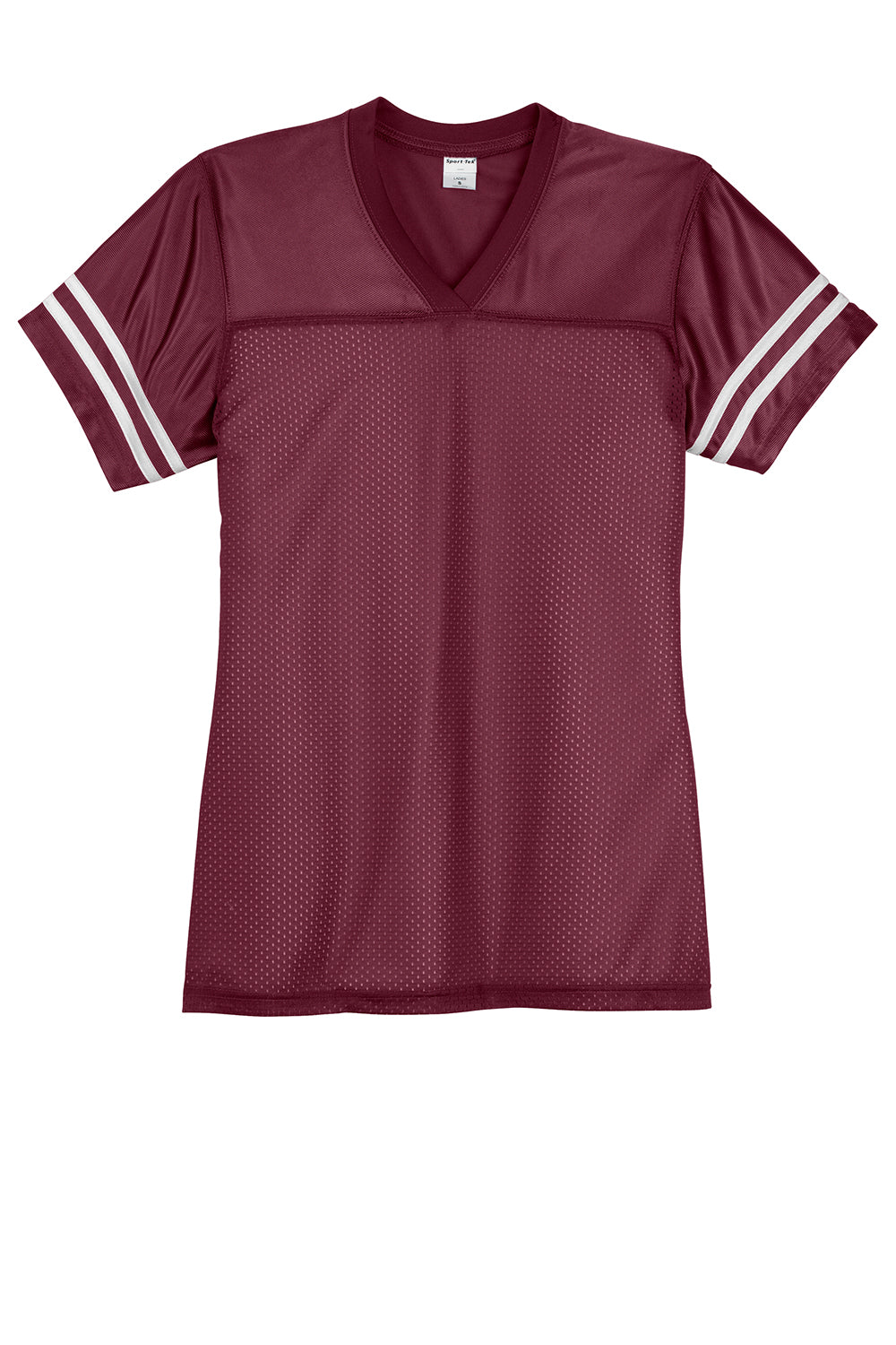 Sport-Tek LST307 Womens Short Sleeve V-Neck T-Shirt Maroon/White Flat Front