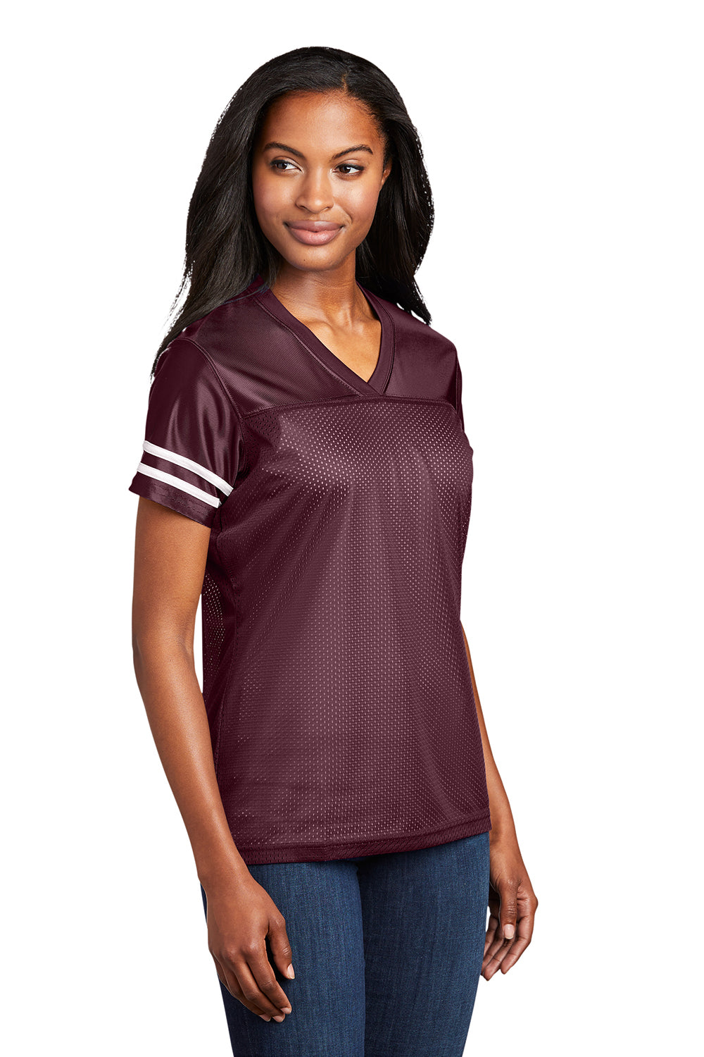 Sport-Tek LST307 Womens Short Sleeve V-Neck T-Shirt Maroon/White Model 3q