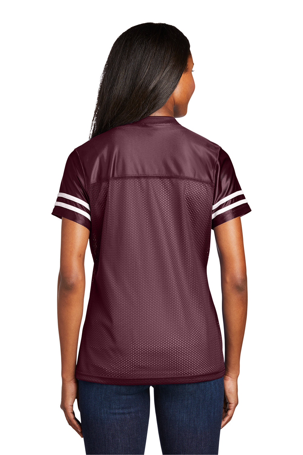 Sport-Tek LST307 Womens Short Sleeve V-Neck T-Shirt Maroon/White Model Back