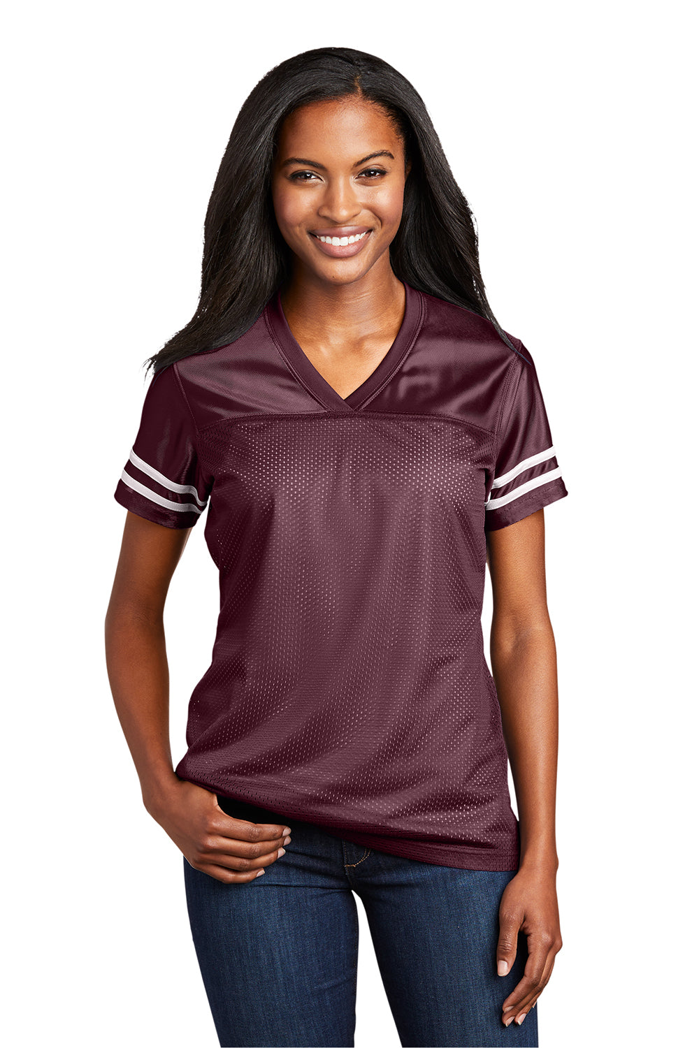 Sport-Tek LST307 Womens Short Sleeve V-Neck T-Shirt Maroon/White Model Front