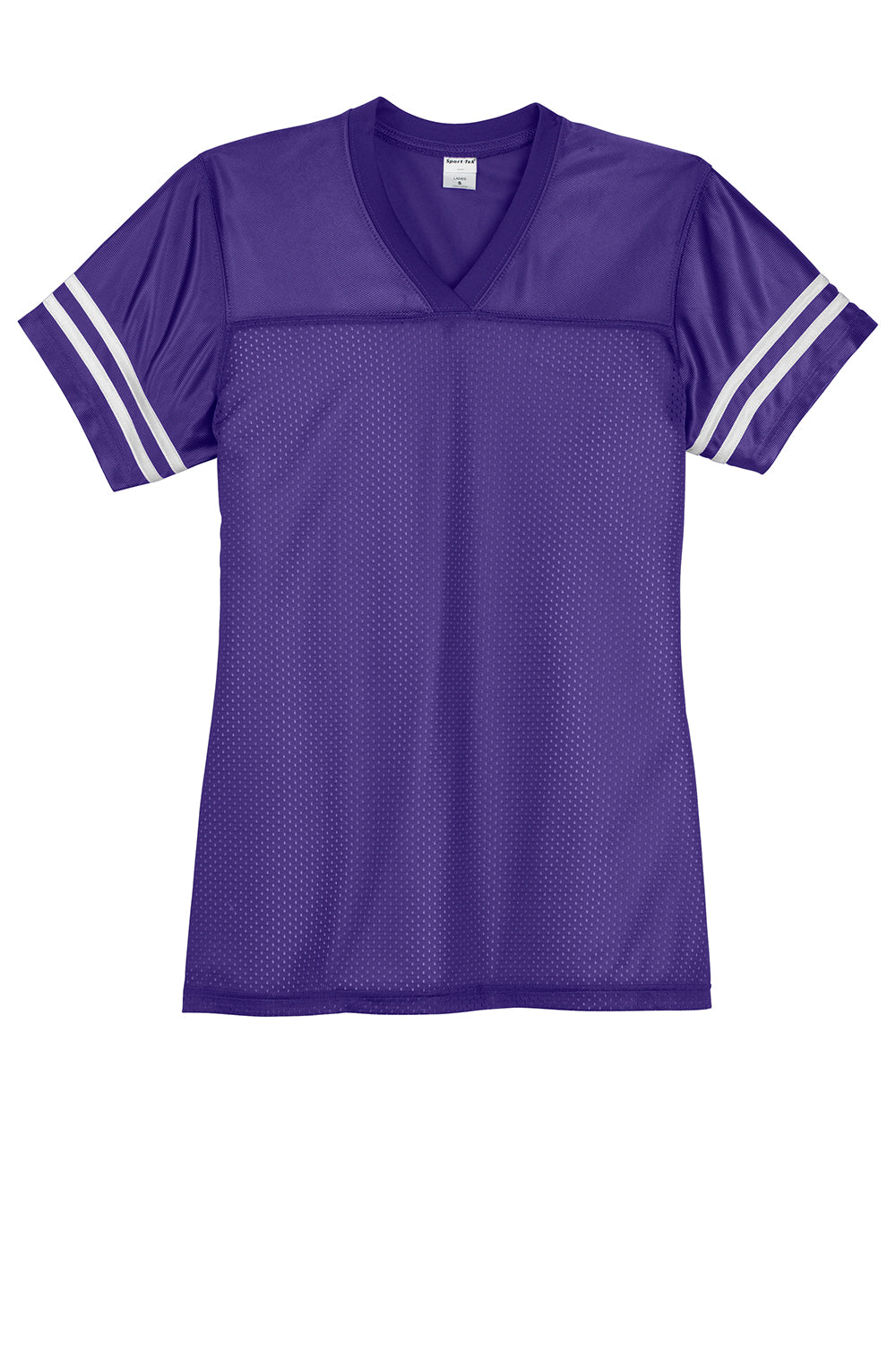 Sport-Tek LST307 Womens Short Sleeve V-Neck T-Shirt Purple/White Flat Front