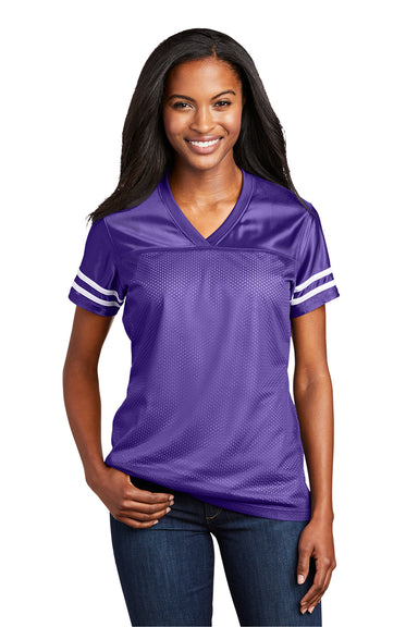 Sport-Tek LST307 Womens Short Sleeve V-Neck T-Shirt Purple/White Model Front