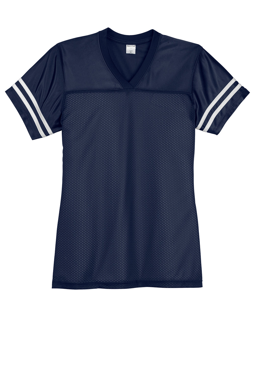 Sport-Tek LST307 Womens Short Sleeve V-Neck T-Shirt True Navy Blue/White Flat Front