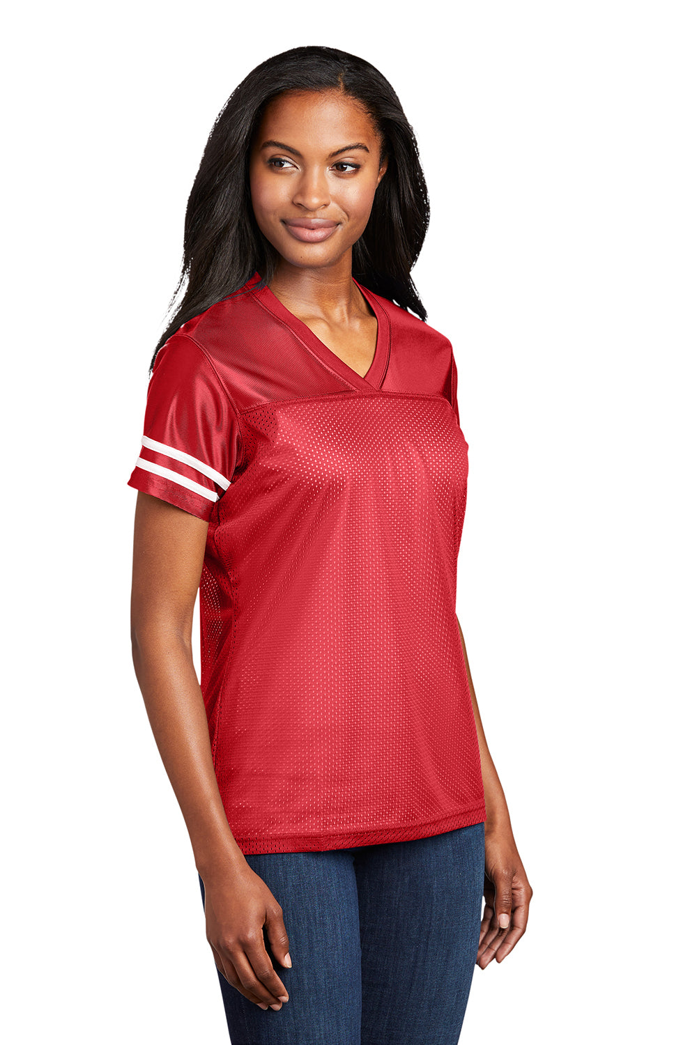 Sport-Tek LST307 Womens Short Sleeve V-Neck T-Shirt True Red/White Model 3q