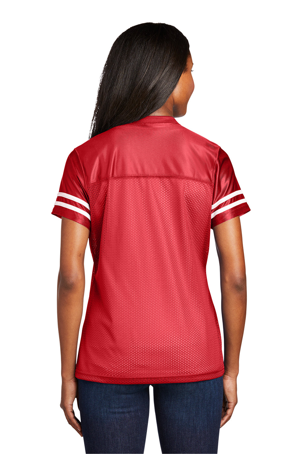 Sport-Tek LST307 Womens Short Sleeve V-Neck T-Shirt True Red/White Model Back