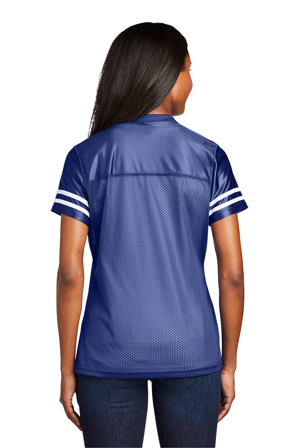 Sport-Tek LST307 Womens Short Sleeve V-Neck T-Shirt True Royal Blue/White Model Back