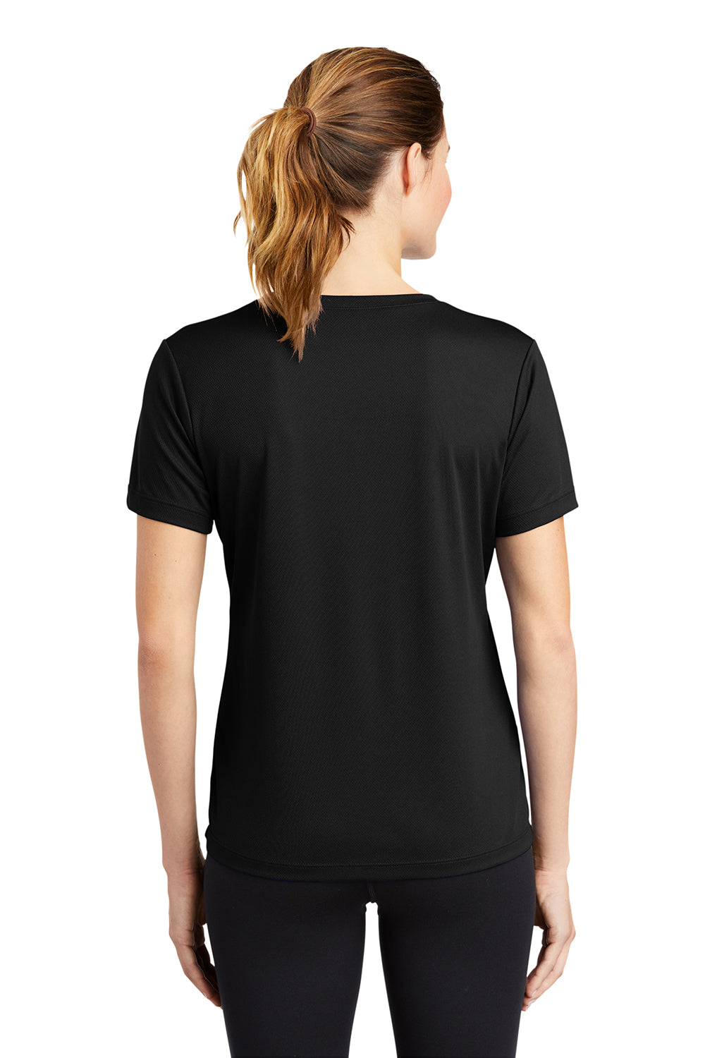 Sport-Tek LST340 Womens RacerMesh Moisture Wicking Short Sleeve V-Neck T-Shirt Black Model Back