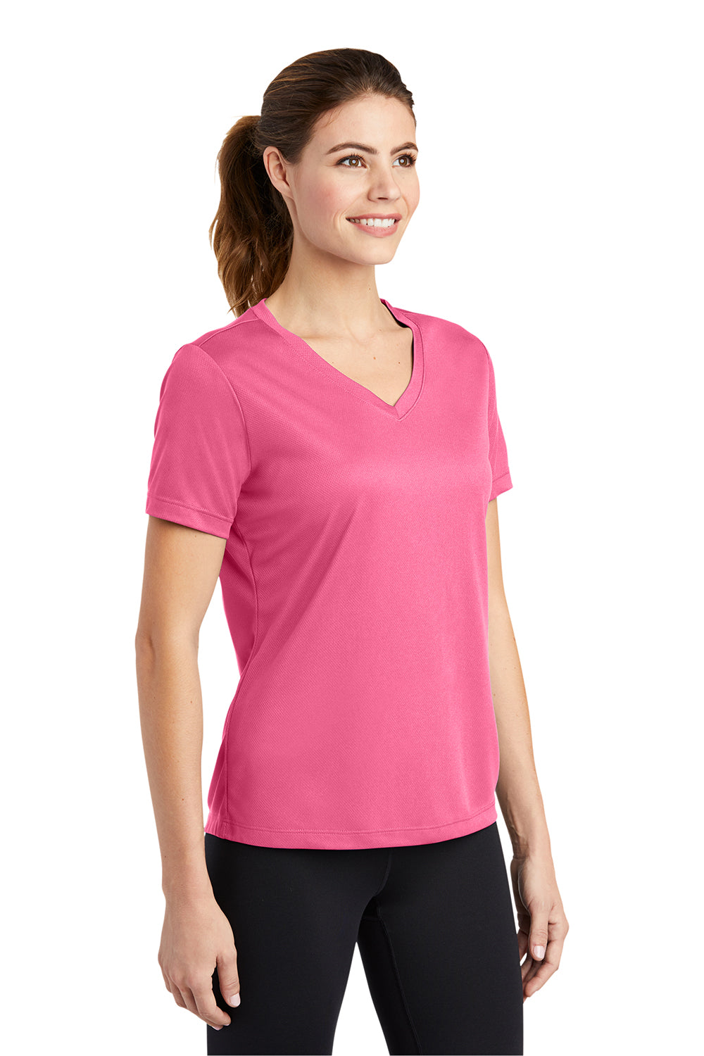 Sport-Tek LST340 Womens RacerMesh Moisture Wicking Short Sleeve V-Neck T-Shirt Bright Pink Model 3q