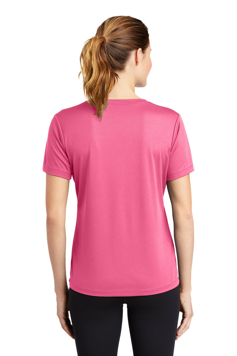 Sport-Tek LST340 Womens RacerMesh Moisture Wicking Short Sleeve V-Neck T-Shirt Bright Pink Model Back