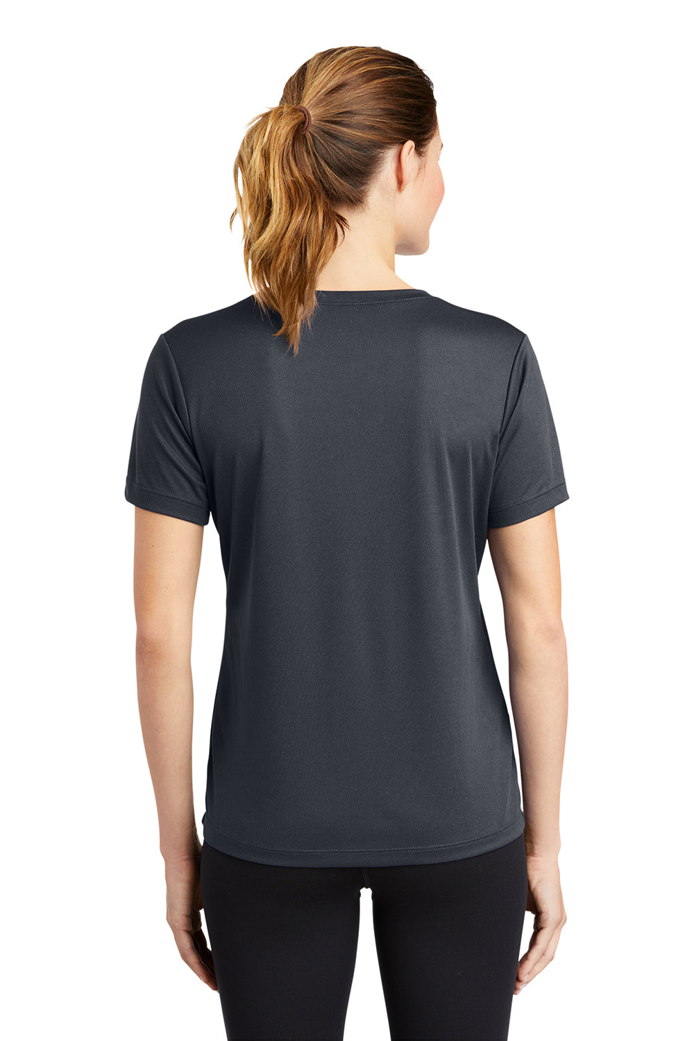 Sport-Tek LST340 Womens RacerMesh Moisture Wicking Short Sleeve V-Neck T-Shirt Graphite Grey Model Back