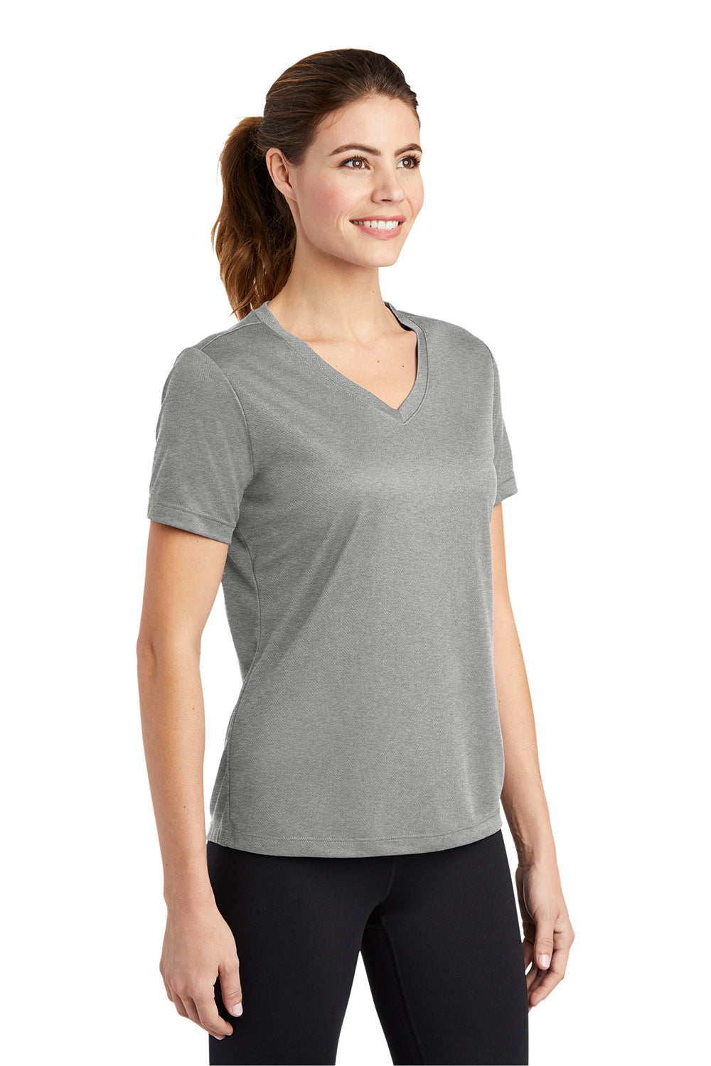 Sport-Tek LST340 Womens RacerMesh Moisture Wicking Short Sleeve V-Neck T-Shirt Heather Grey Model 3q