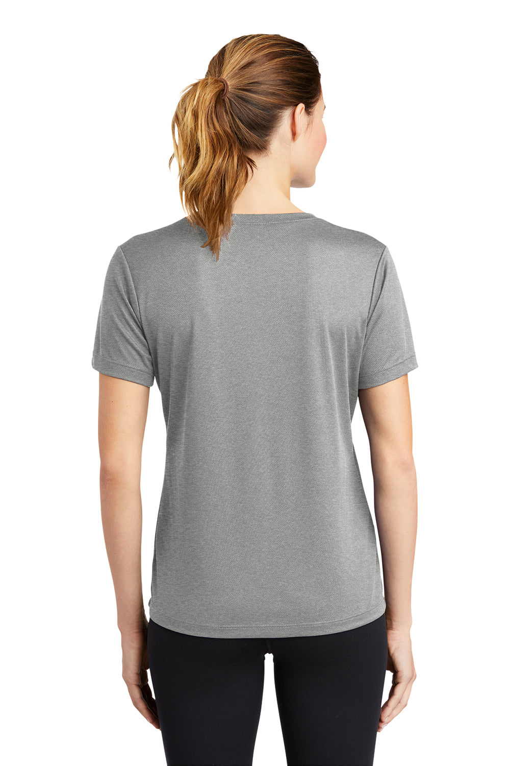 Sport-Tek LST340 Womens RacerMesh Moisture Wicking Short Sleeve V-Neck T-Shirt Heather Grey Model Back