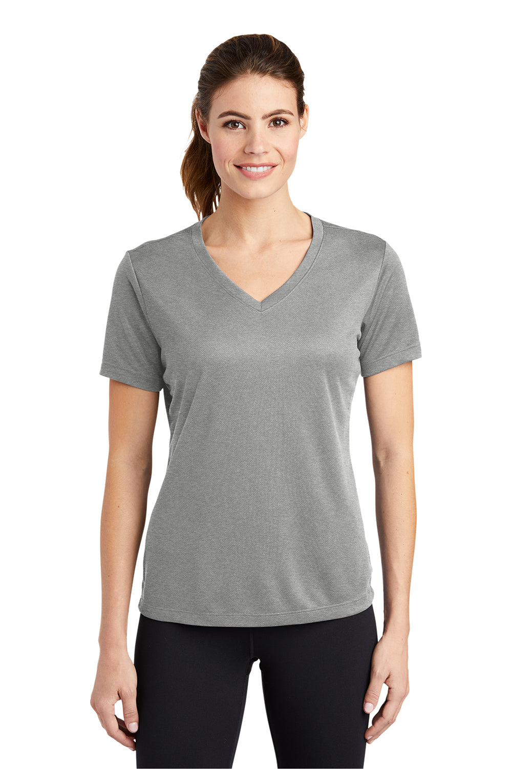 Sport-Tek LST340 Womens RacerMesh Moisture Wicking Short Sleeve V-Neck T-Shirt Heather Grey Model Front