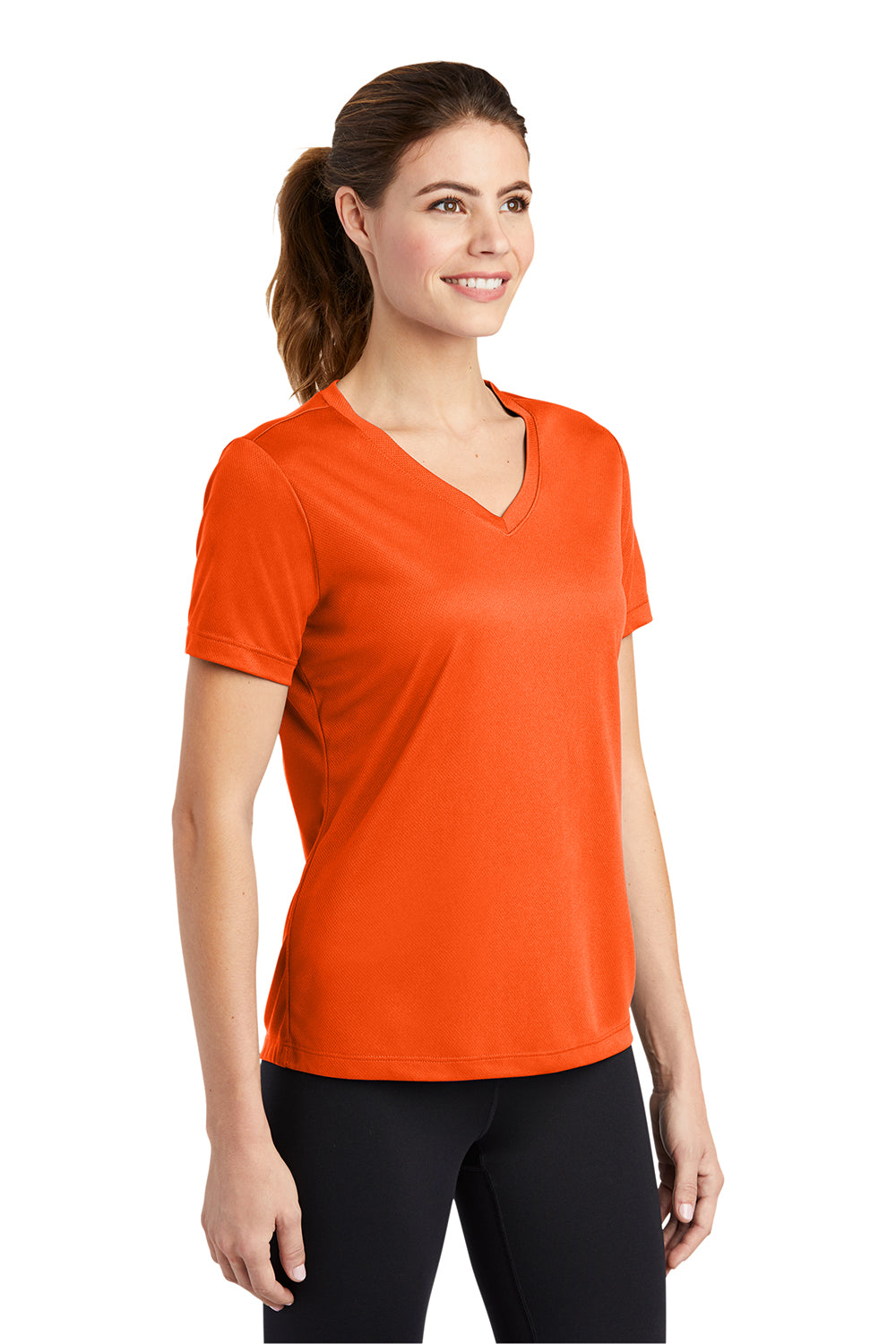 Sport-Tek LST340 Womens RacerMesh Moisture Wicking Short Sleeve V-Neck T-Shirt Neon Orange Model 3q