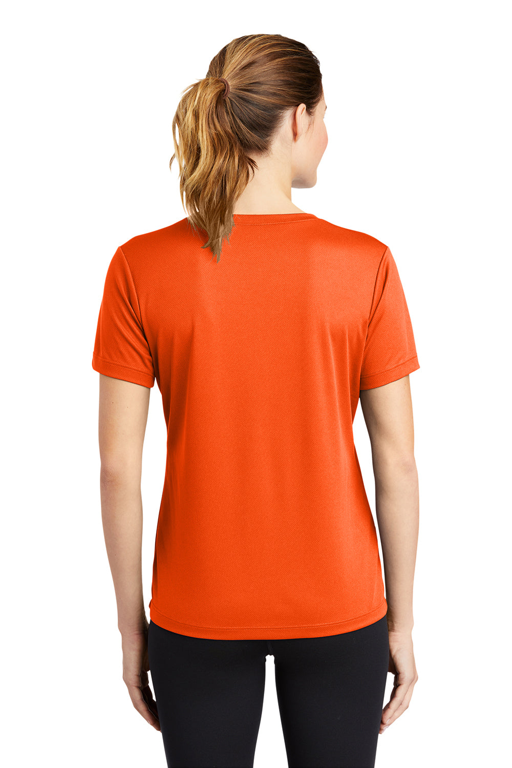 Sport-Tek LST340 Womens RacerMesh Moisture Wicking Short Sleeve V-Neck T-Shirt Neon Orange Model Back