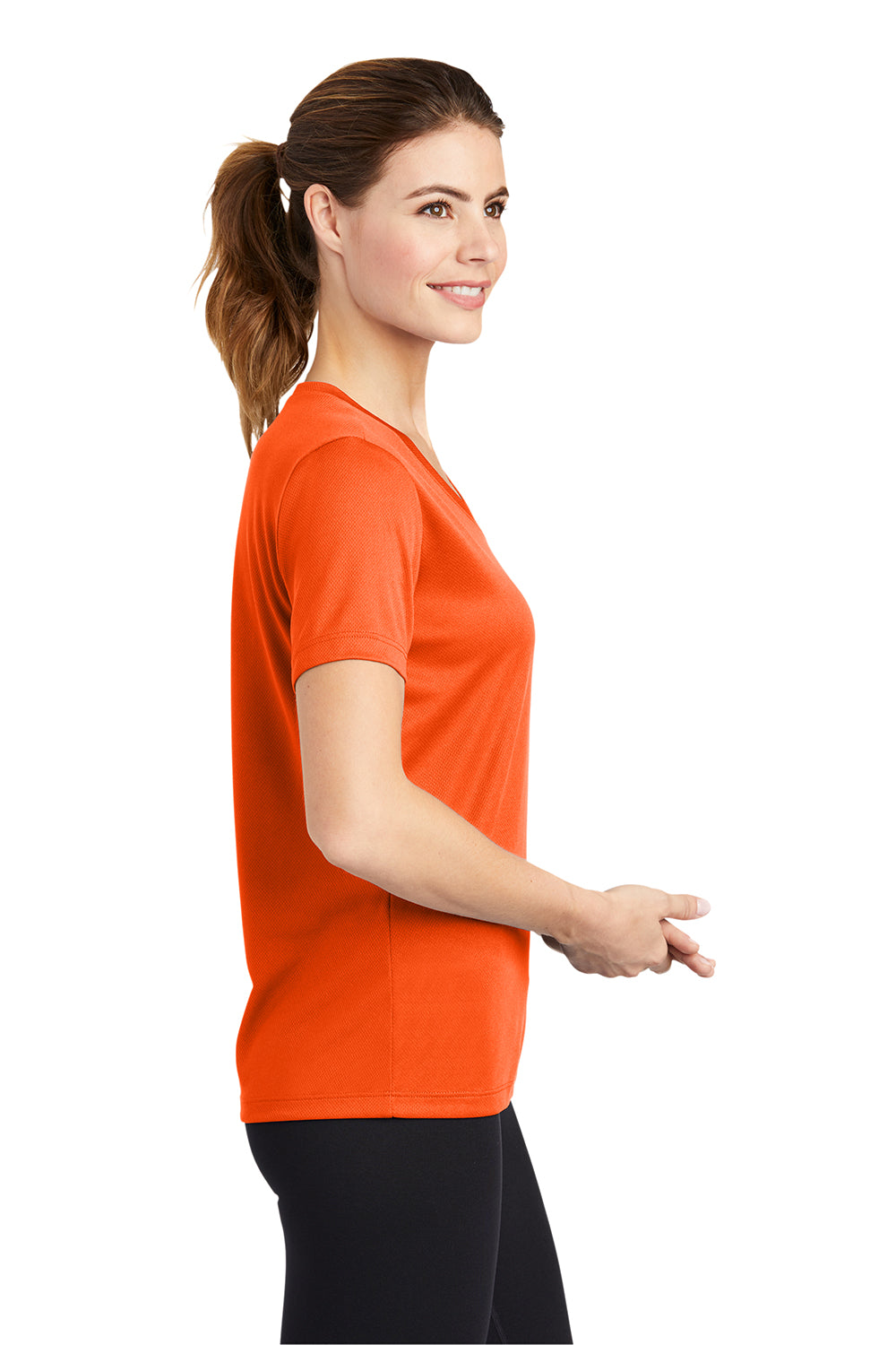 Sport-Tek LST340 Womens RacerMesh Moisture Wicking Short Sleeve V-Neck T-Shirt Neon Orange Model Side