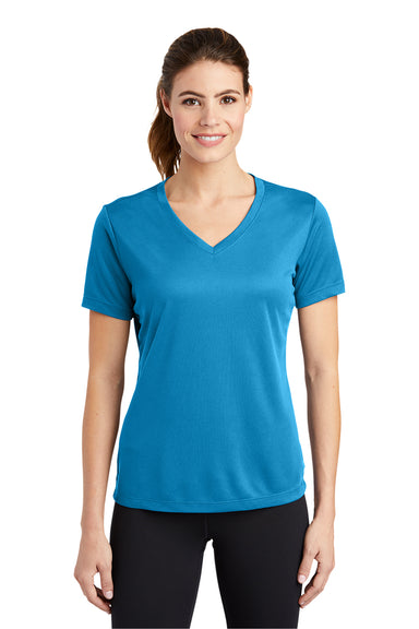 Sport-Tek LST340 Womens RacerMesh Moisture Wicking Short Sleeve V-Neck T-Shirt Pond Blue Model Front