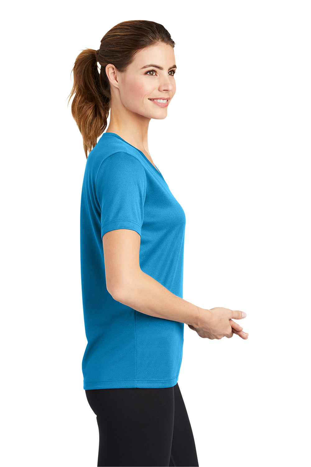 Sport-Tek LST340 Womens RacerMesh Moisture Wicking Short Sleeve V-Neck T-Shirt Pond Blue Model Side