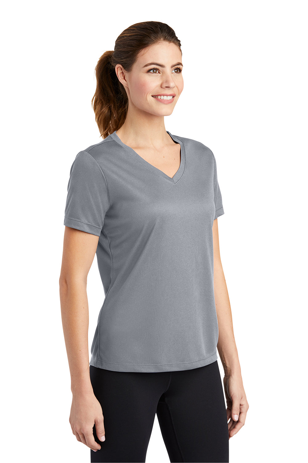 Sport-Tek LST340 Womens RacerMesh Moisture Wicking Short Sleeve V-Neck T-Shirt Silver Grey Model 3q